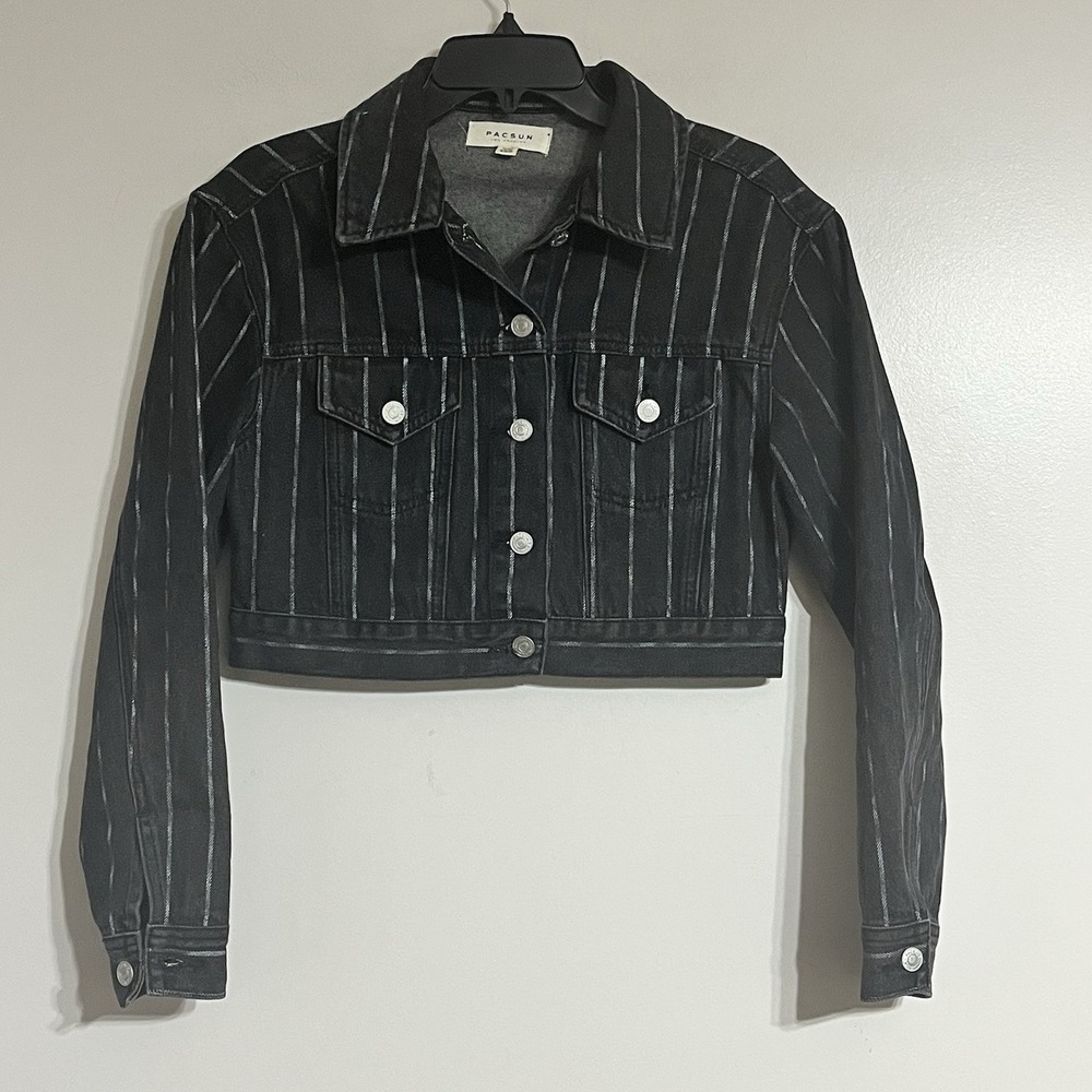 PACSUN Women's Cropped Denim Jacket Size XS/S Black With White Stripes